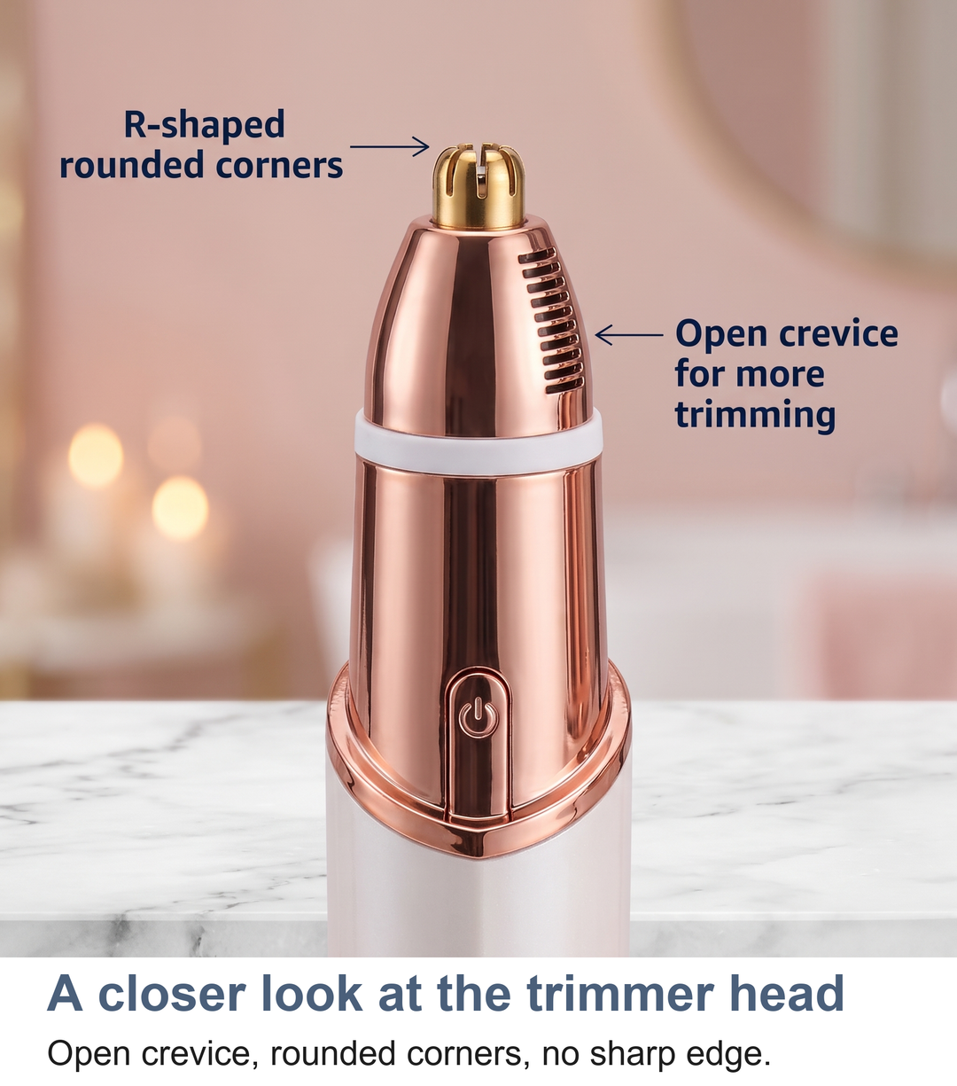 Macro of the rounded trimmer head on the lady trimmer showing the open crevice design