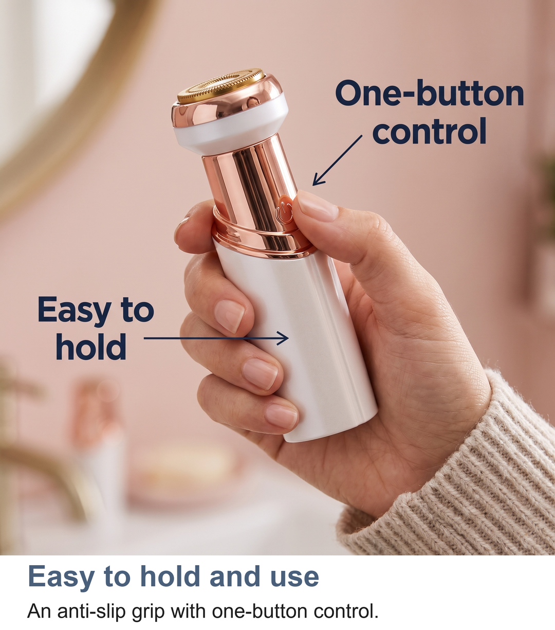 Hand holding the lady trimmer showing its anti-slip grip and one-button control