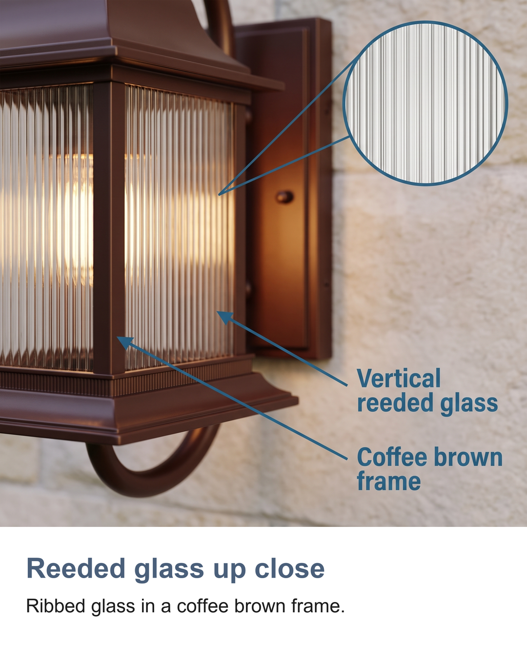 Reeded glass up close: Ribbed glass in a coffee brown frame.