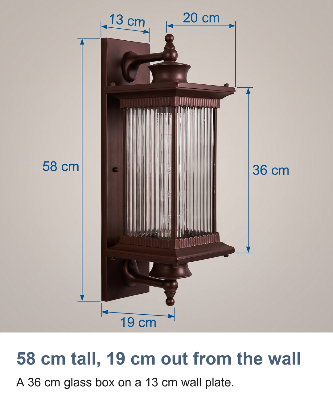 58 cm tall, 19 cm out from the wall: A 36 cm glass box on a 13 cm wall plate.