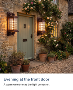 Evening at the front door: A warm welcome as the light comes on.
