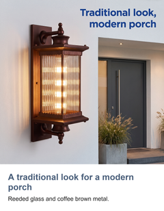 A traditional look for a modern porch: Reeded glass and coffee brown metal.