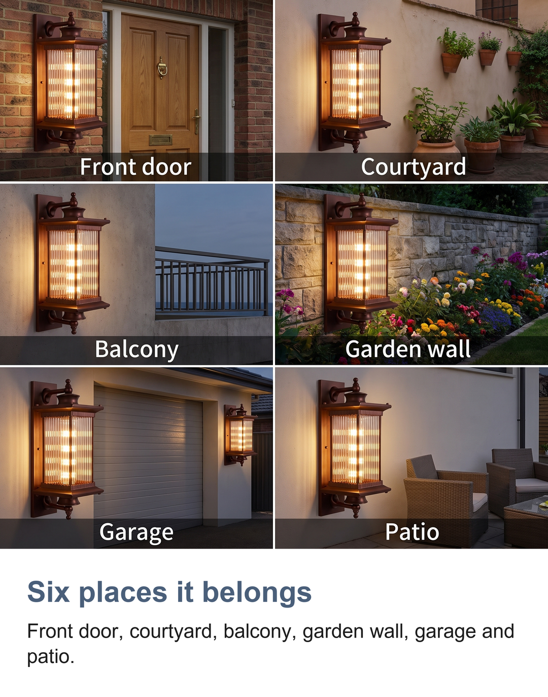 Six places it belongs: Front door, courtyard, balcony, garden wall, garage and patio.