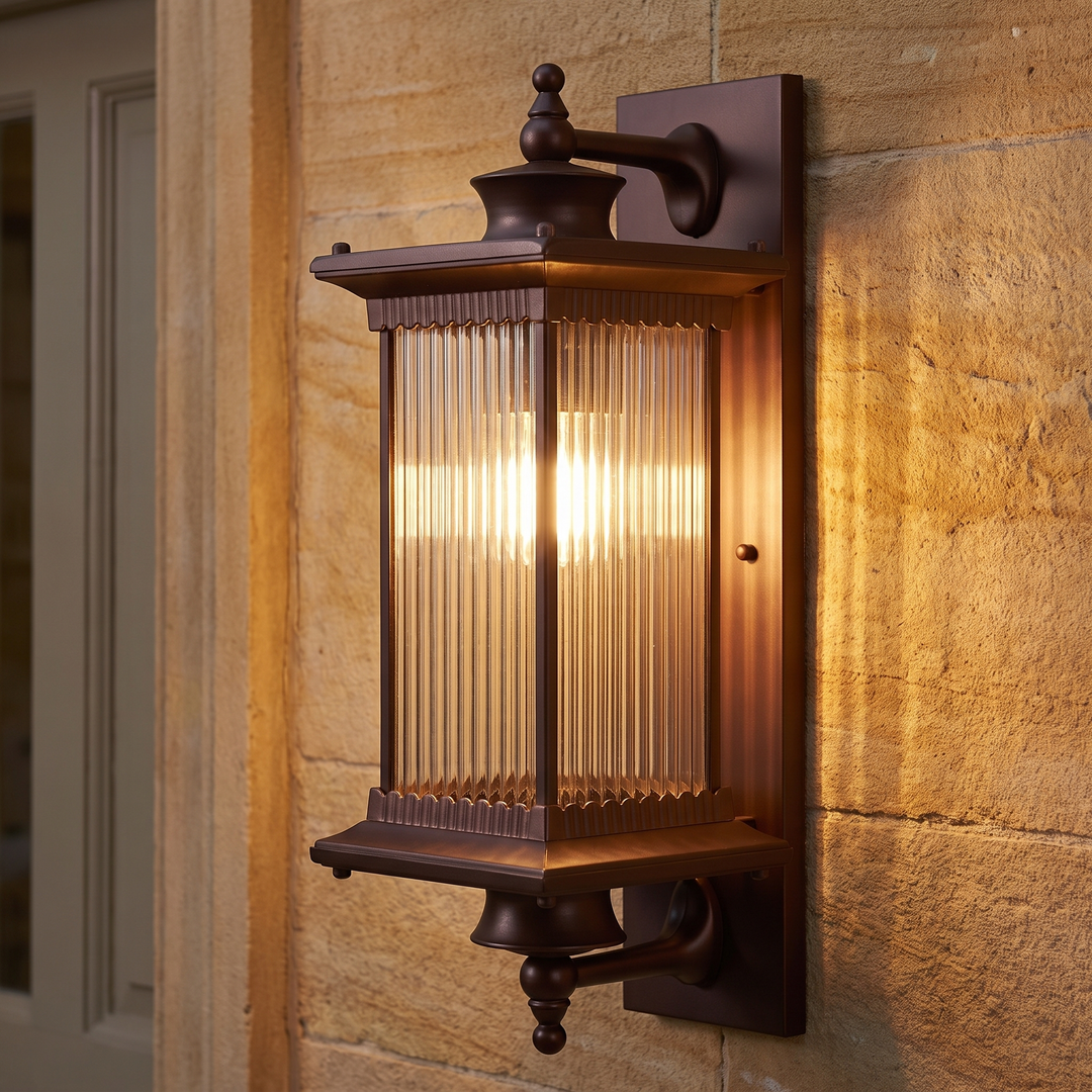 Coffee brown outdoor wall lantern with reeded glass, 58 cm