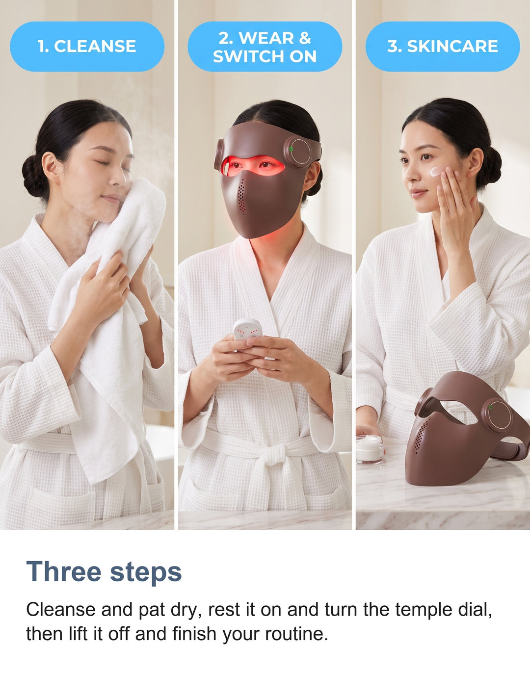 Three steps to use the brown LED face mask