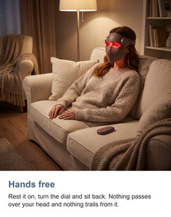 Woman in a crew neck jumper wearing the brown LED face mask