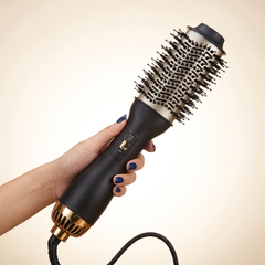 One-step hot air styling brush, black and gold, oval barrel