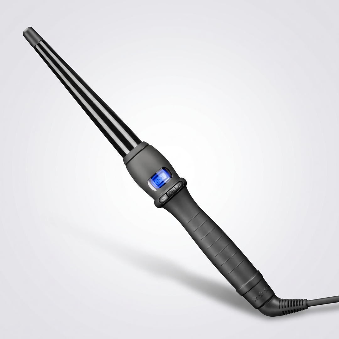 Conical curling wand with a ceramic glaze barrel and LCD screen, 19mm barrel