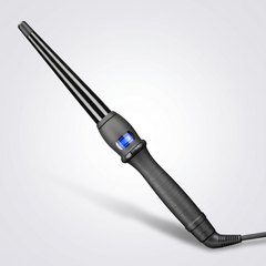 Conical curling wand with a ceramic glaze barrel and LCD screen, 19mm barrel