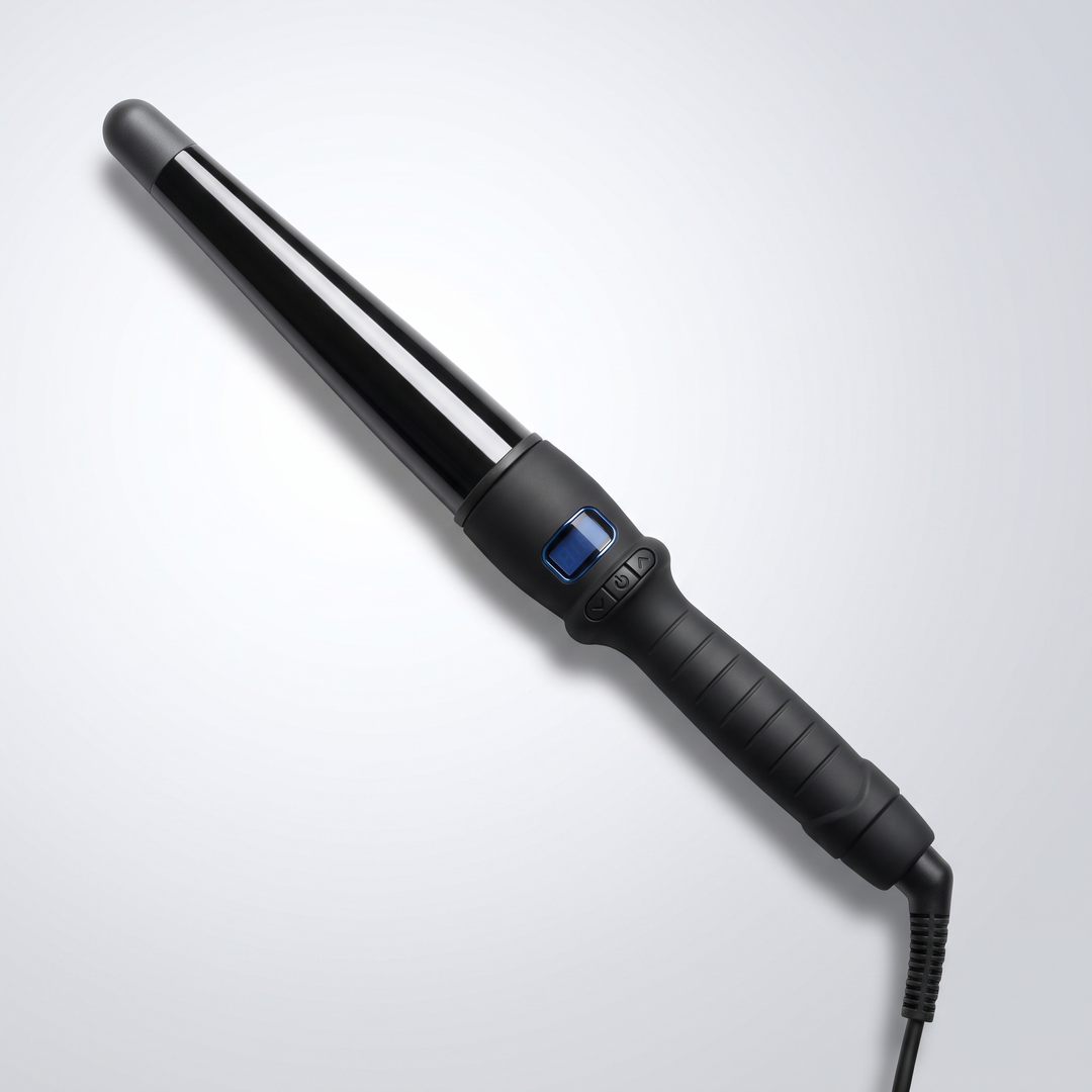 Conical curling wand with a ceramic glaze barrel and LCD screen, 32mm barrel