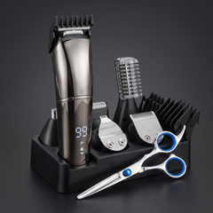 Cordless hair and beard trimmer kit with charging stand, spare heads and barber scissors