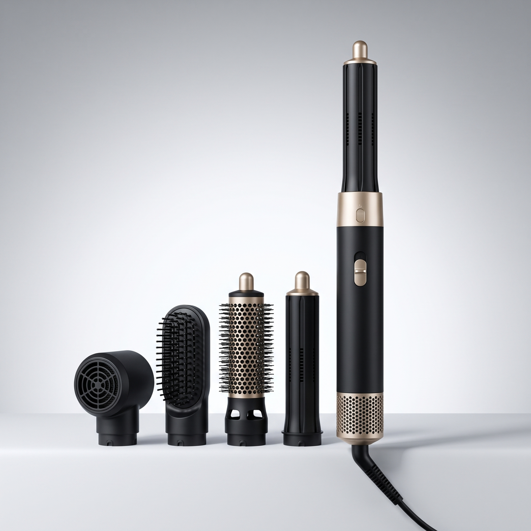 5 in 1 air curler and hot air styler in black and gold with its five interchangeable heads