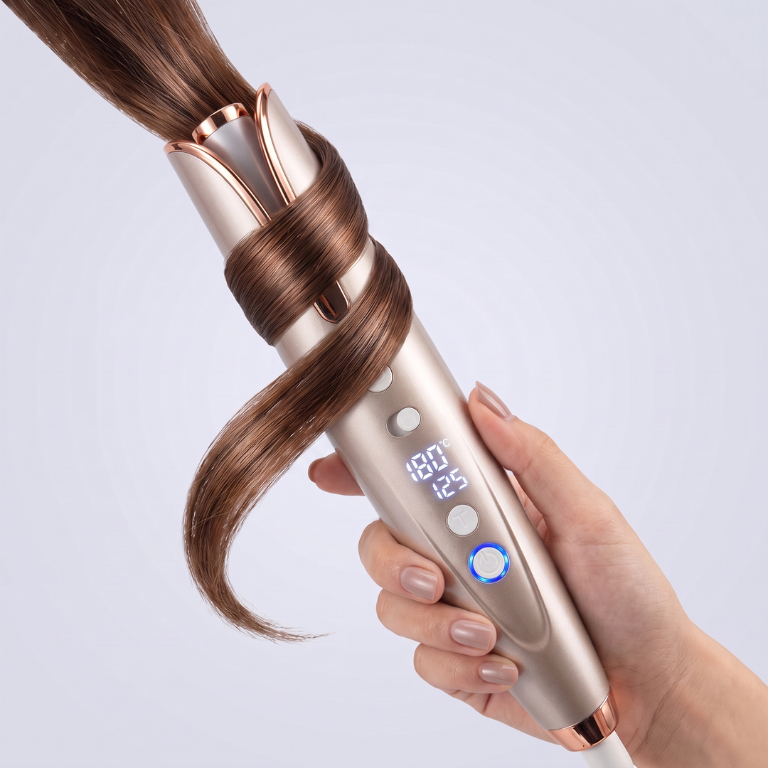 Cordless automatic curling iron with LED display, Gold