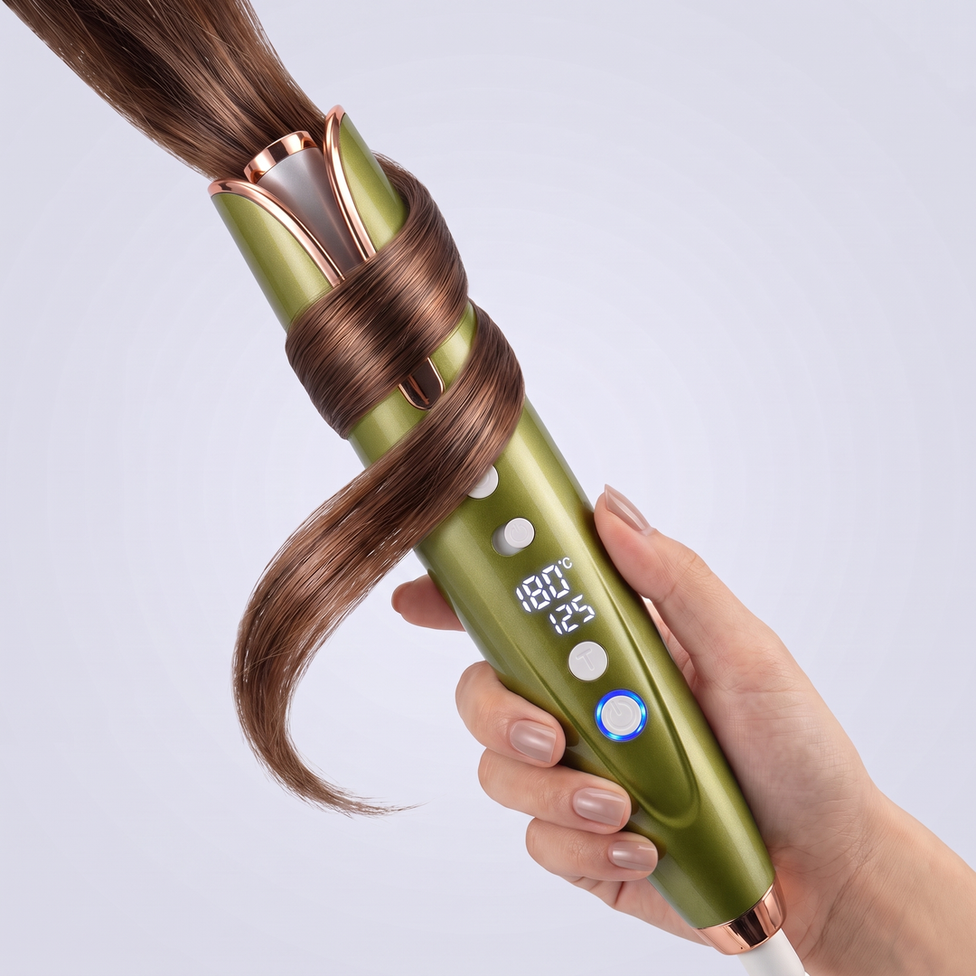 Cordless automatic curling iron with LED display, Green