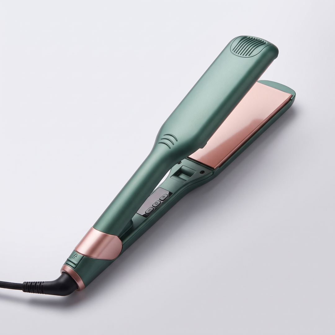 Green wide plate ceramic hair straightener with a rose gold ceramic plate