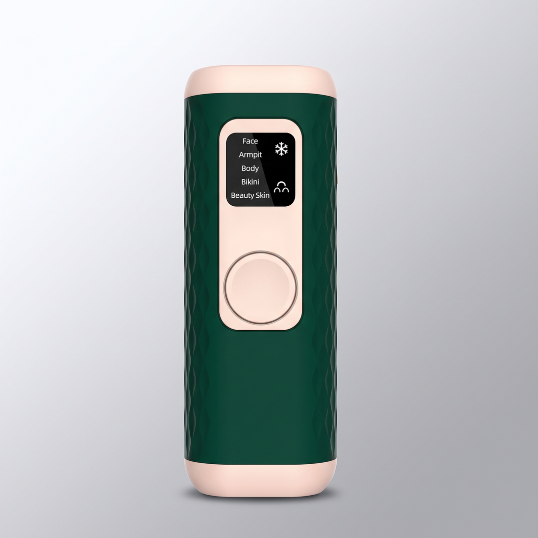 IPL hair removal device in forest green, front view with the mode screen lit