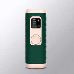 IPL hair removal device in forest green, front view with the mode screen lit