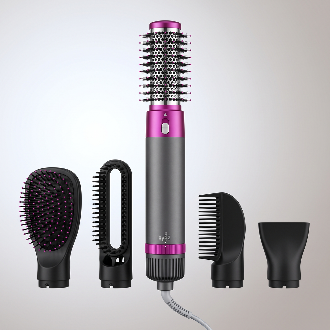 5 in 1 hot air styler brush with the handle and all five push fit heads