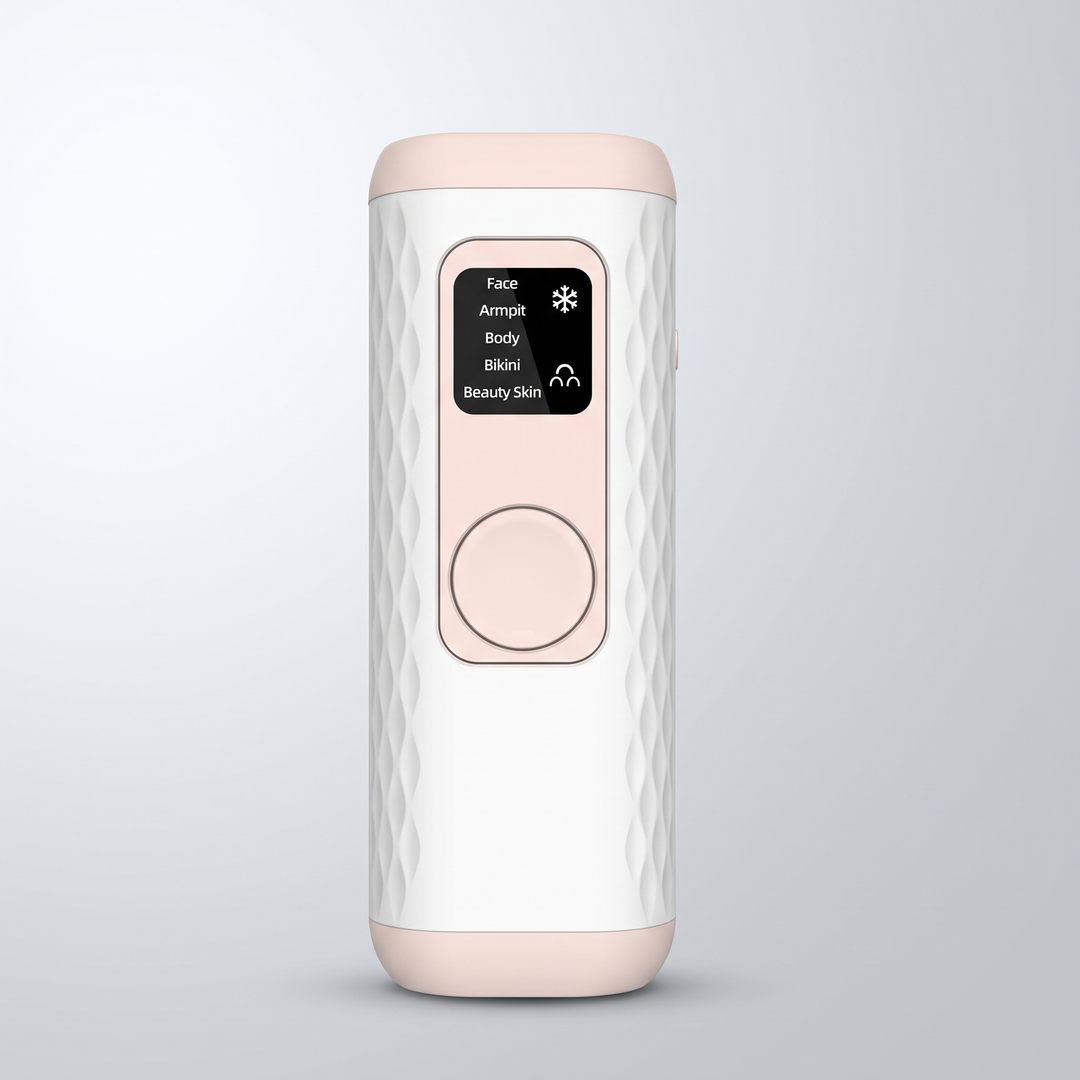 IPL hair removal device in ivory white, front view with the mode screen lit