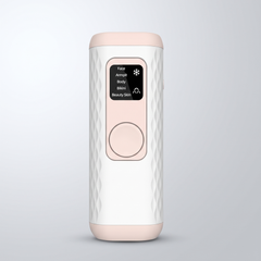 IPL hair removal device in ivory white, front view with the mode screen lit