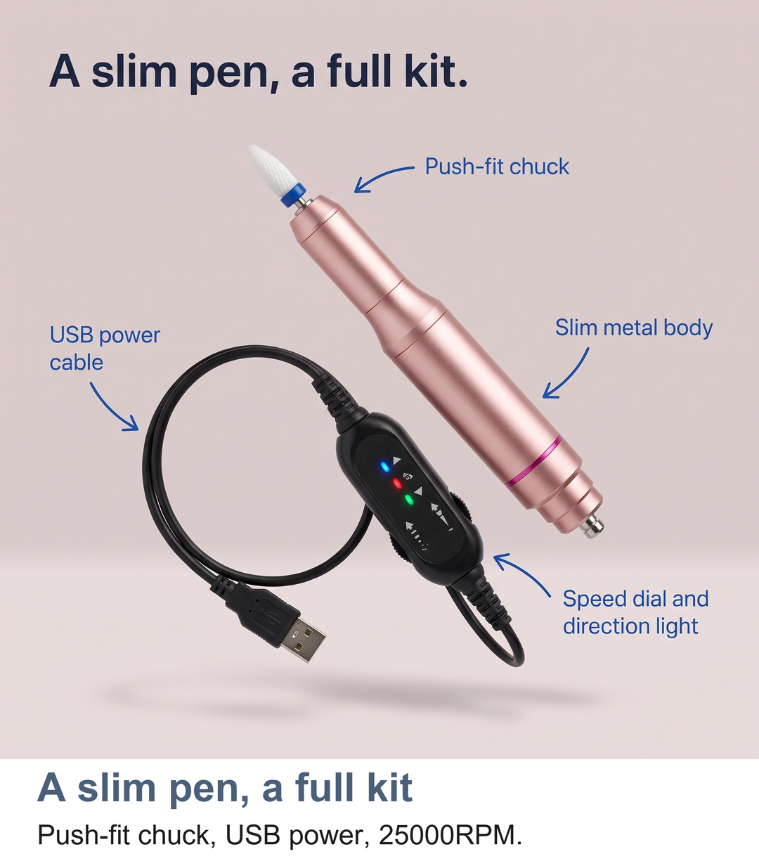 Labelled view of the pen-style nail drill showing the push-fit chuck, Rose Gold body, USB power cable and speed dial