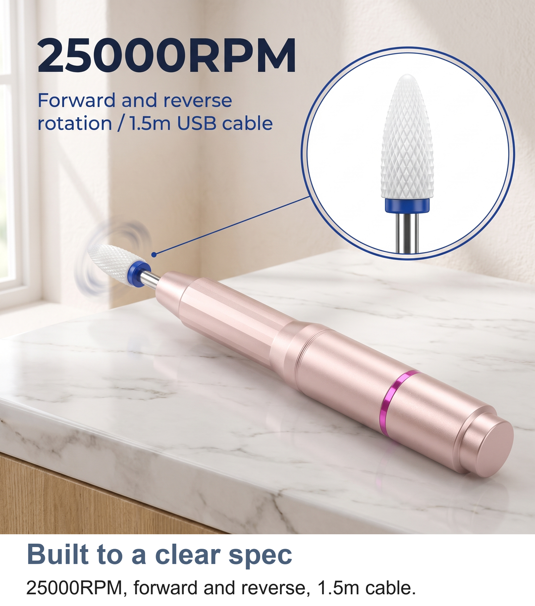 The nail drill with its 25000RPM top speed, forward and reverse rotation and 1.5m USB cable