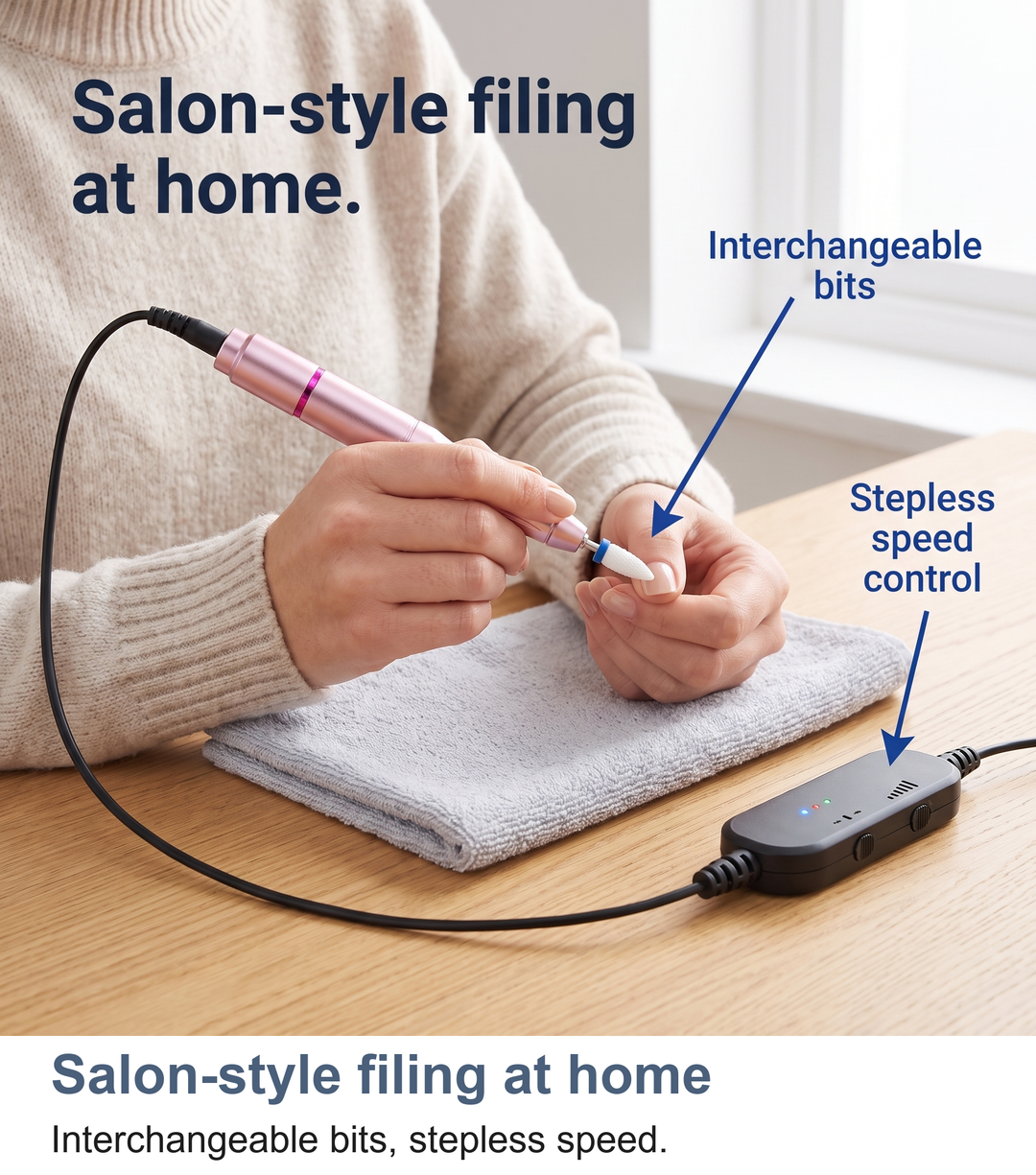 Woman filing her nails at a desk with the electric nail drill