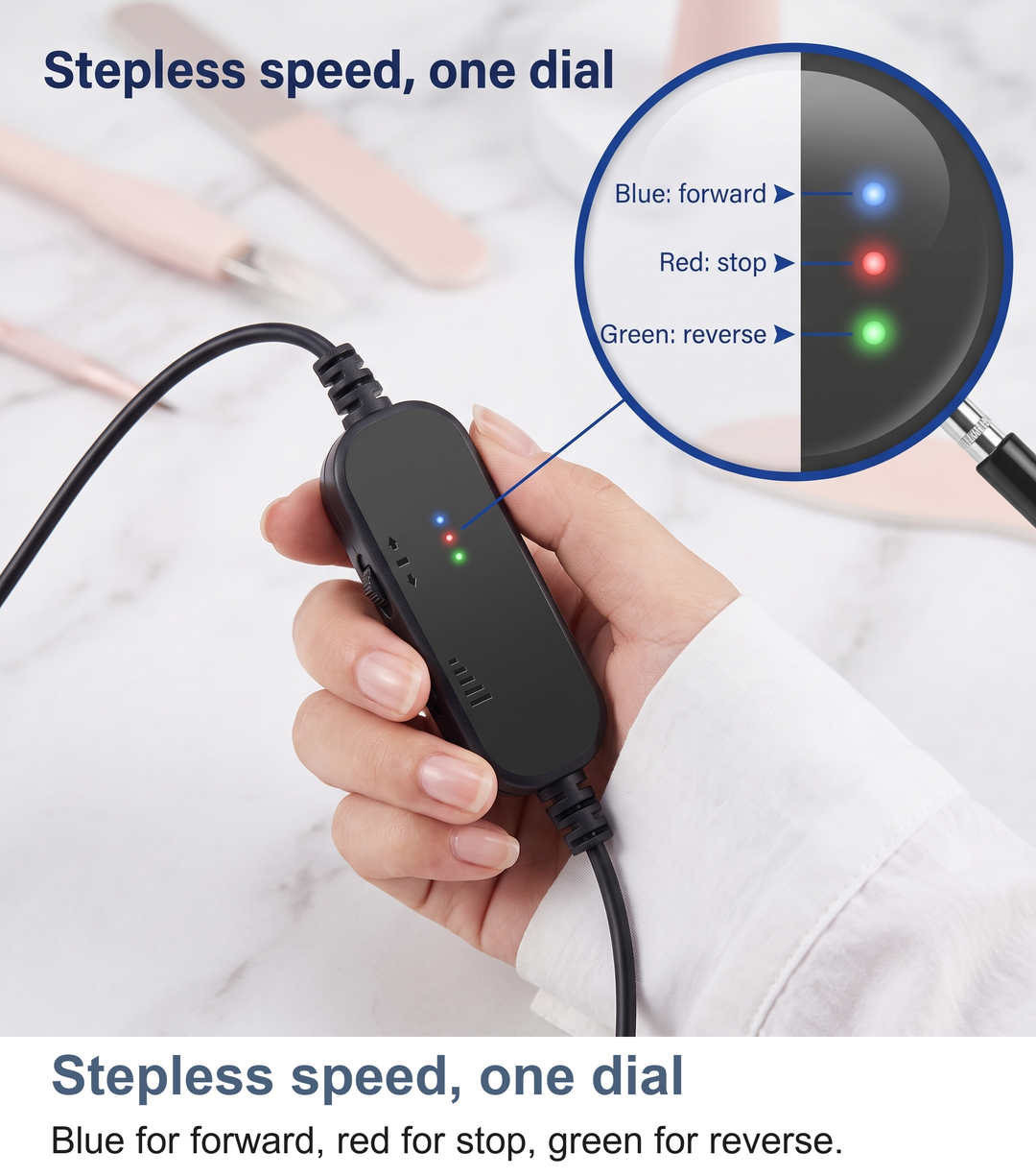 Close up of the inline USB controller showing the speed dial and direction light