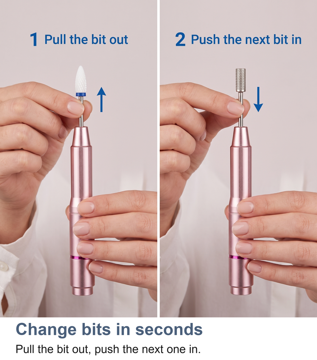 Two steps to change a bit on the nail drill: pull the bit out, push the next one in