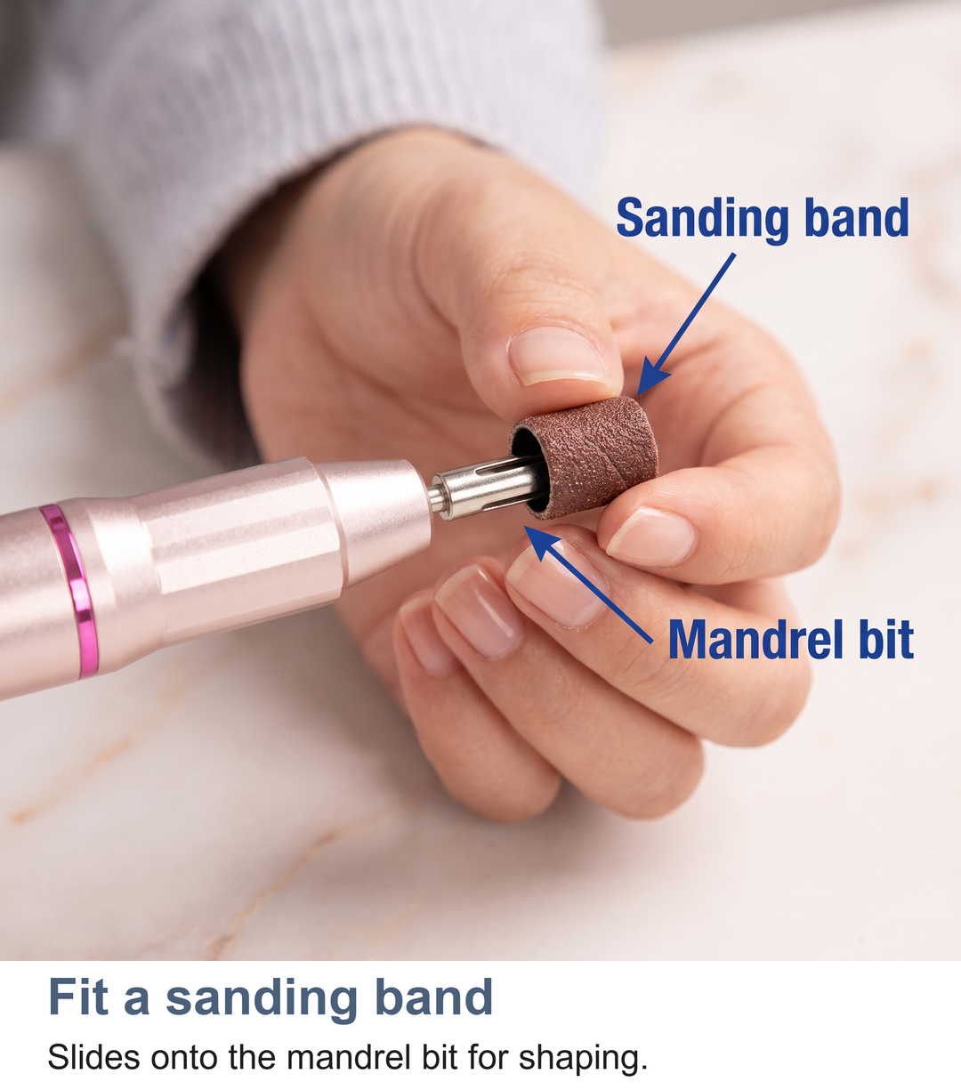 Macro of a sanding band fitting onto a mandrel bit on the nail drill