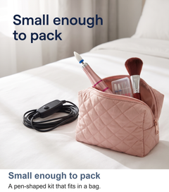 The nail drill kit packed into a cosmetic bag, small enough to pack