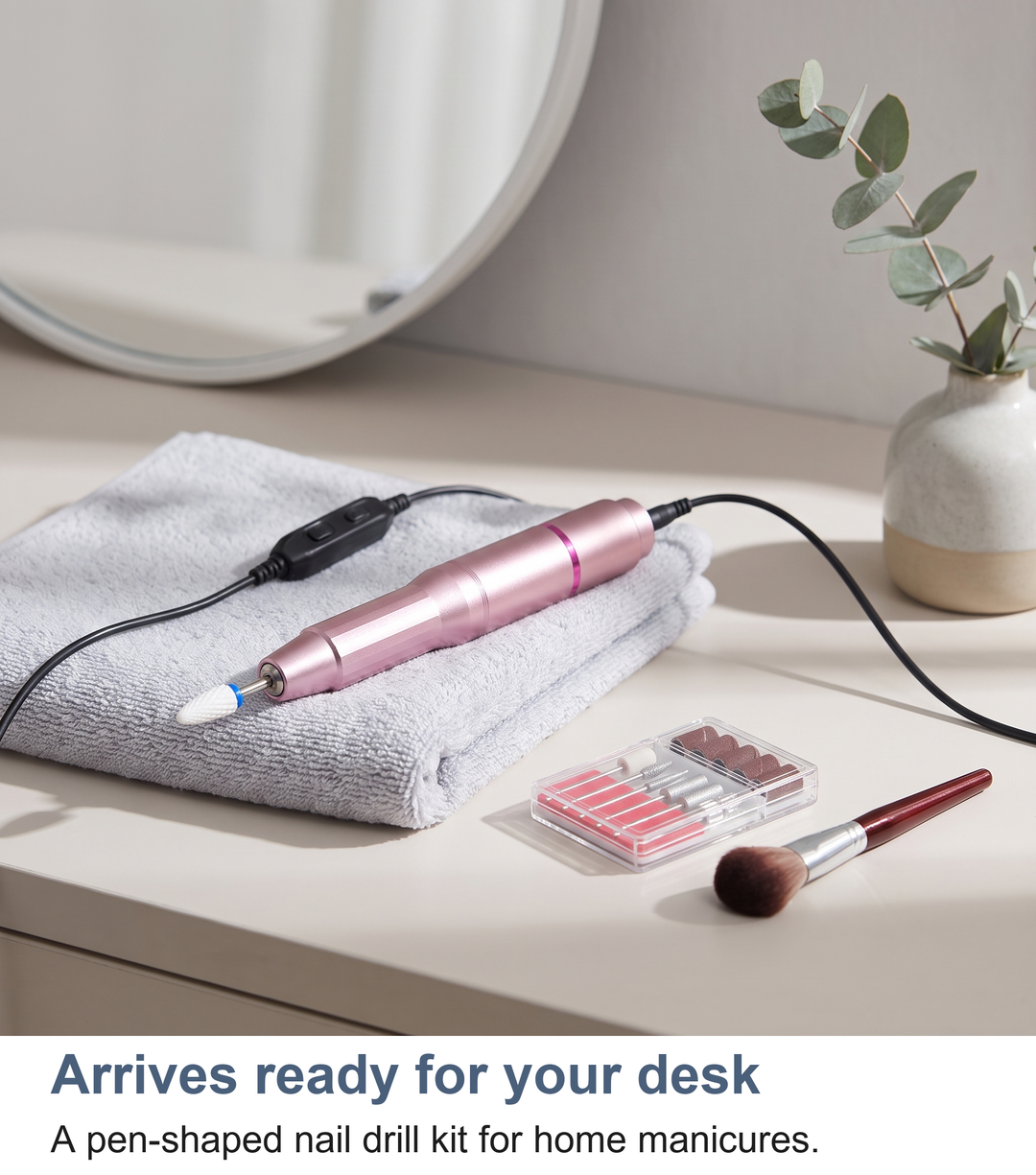 The nail drill kit on a dressing table, ready for home manicures
