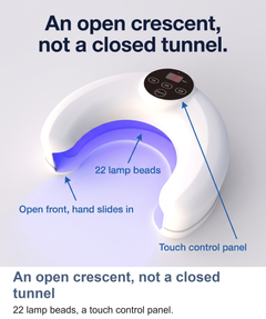Labelled view of the crescent nail lamp showing the open front, lamp beads and touch control panel