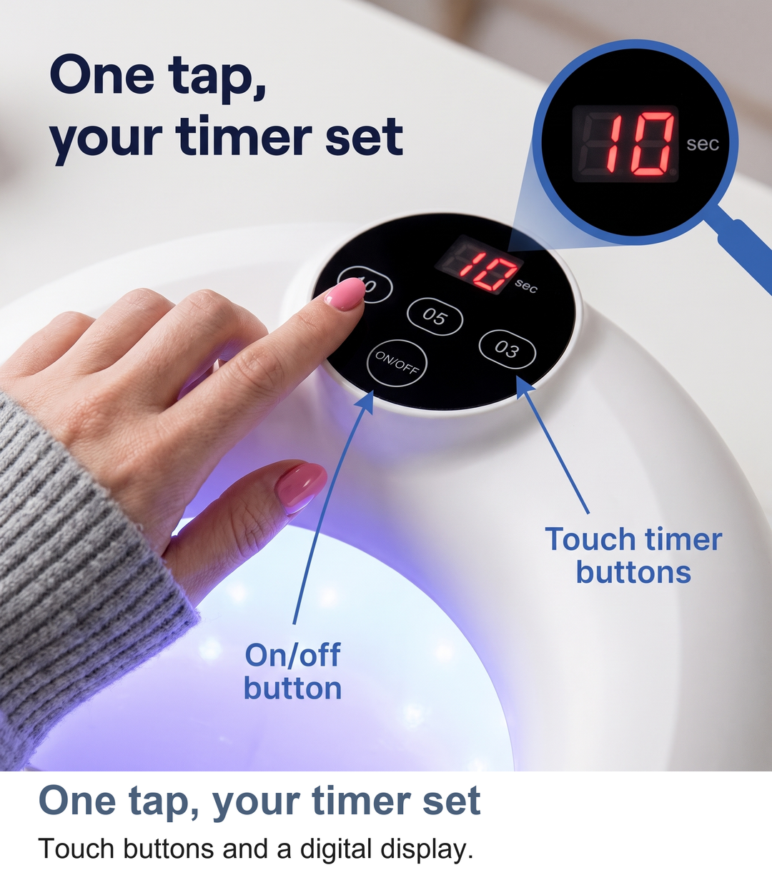 Close up of the touch control panel and digital display on the crescent nail lamp