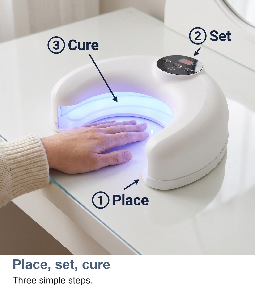 Three steps to use the crescent nail lamp: place your hand, set the timer, cure