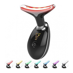 Black neck and face massager with the red light strip lit and the seven light colours