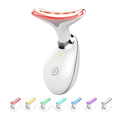 White neck and face massager with the red light strip lit and the seven light colours