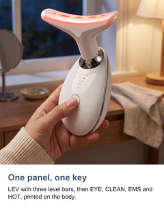 The printed control panel of the neck massager magnified, showing LEV with three level bars, EYE, CLEAN, EMS and HOT above one round power key