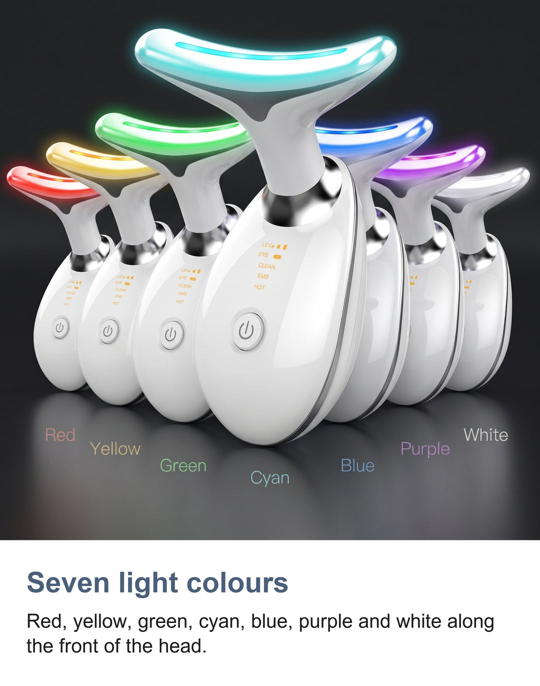 The massager head shown in each of its seven light colours: red, yellow, green, cyan, blue, purple and white