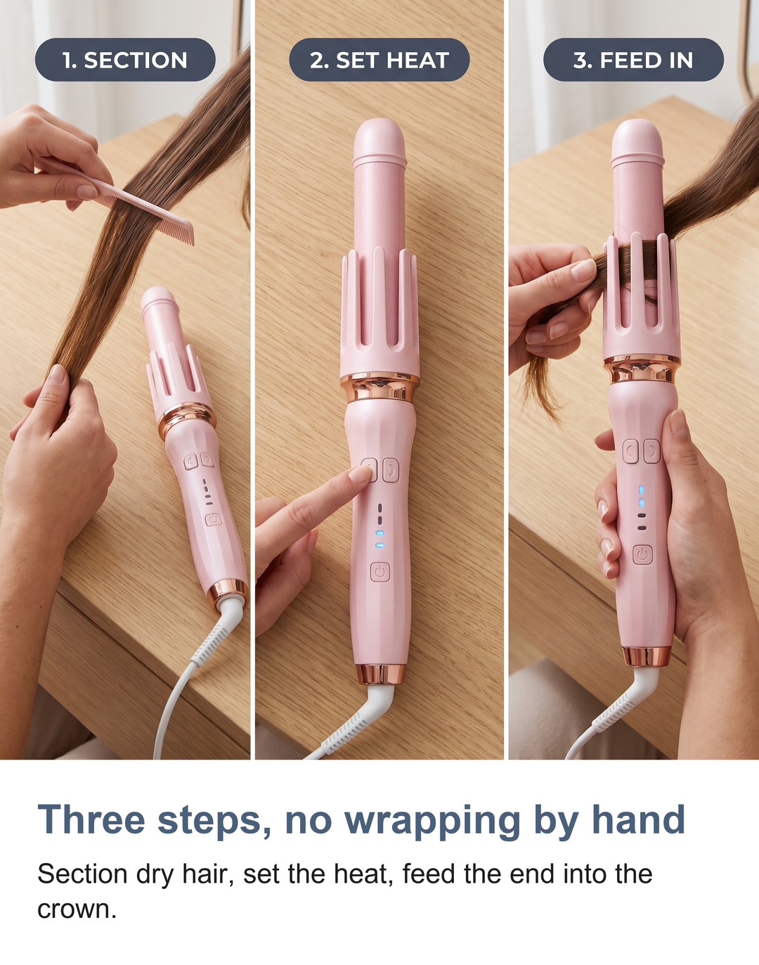 Three steps, no wrapping by hand. Section dry hair, set the heat, feed the end into the crown.
