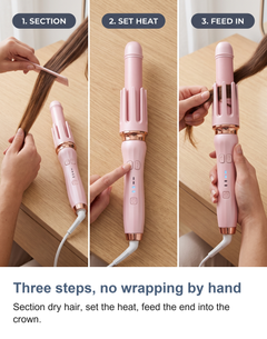 Three steps, no wrapping by hand. Section dry hair, set the heat, feed the end into the crown.