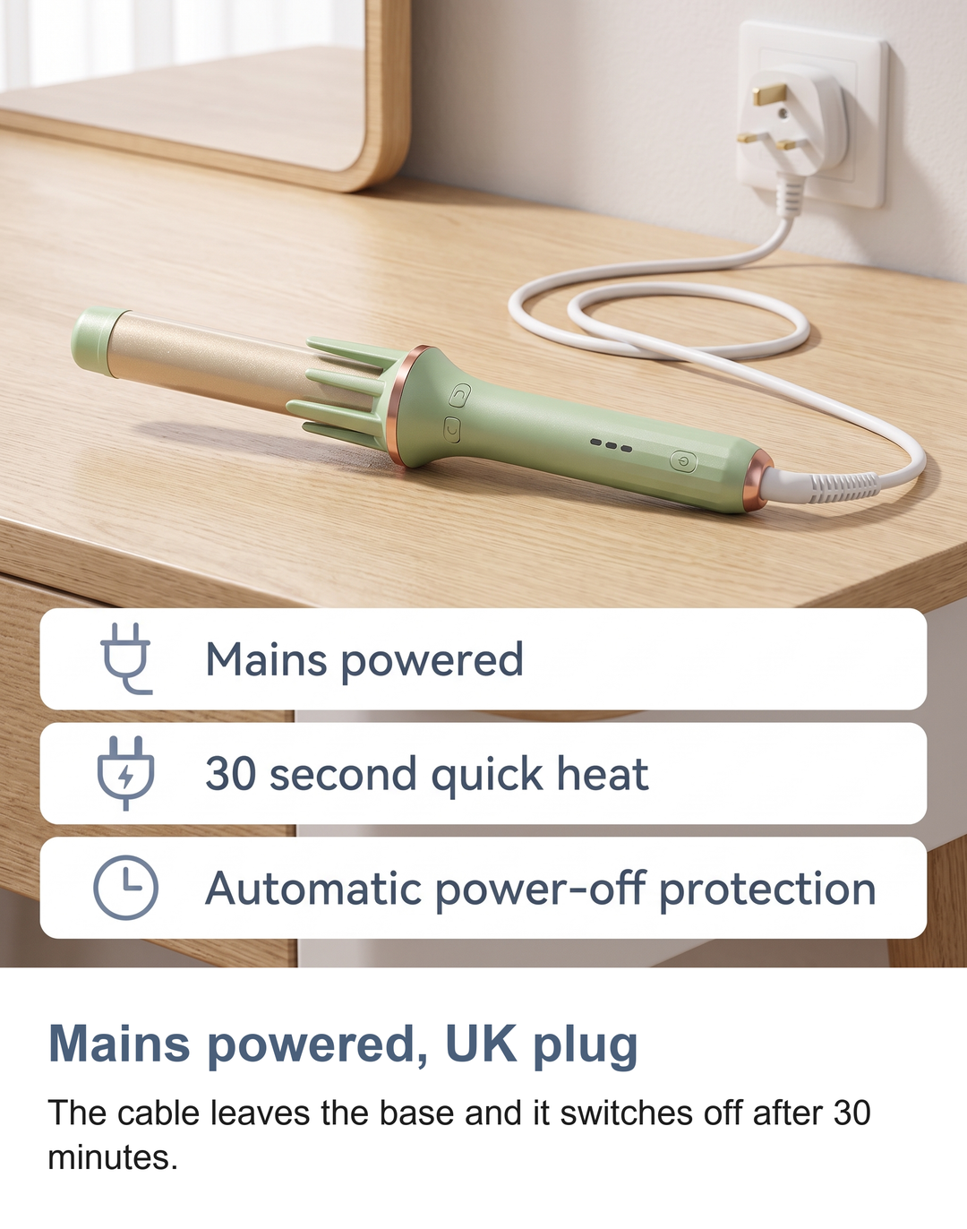 Mains powered, UK plug. The cable leaves the base and it switches off after 30 minutes.