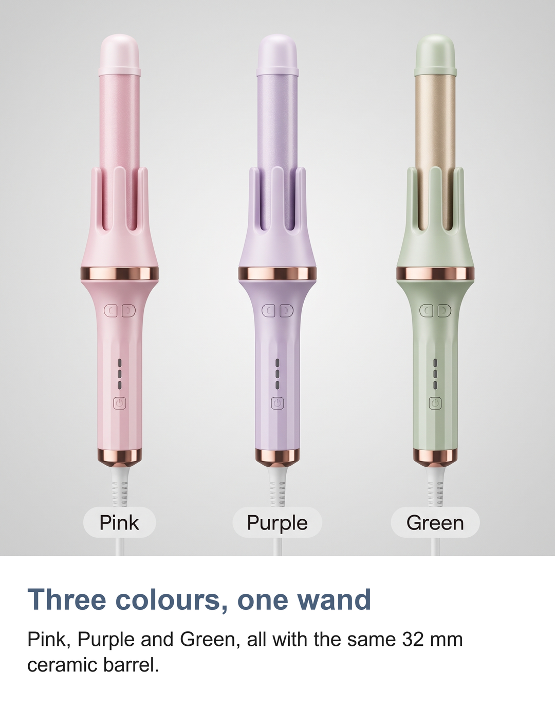 Three colours, one wand. Pink, Purple and Green, all with the same 32 mm ceramic barrel.