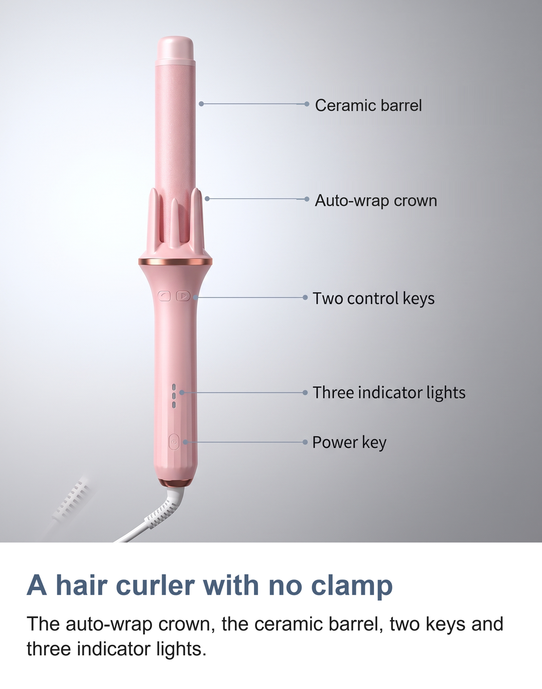 A hair curler with no clamp. The auto-wrap crown, the ceramic barrel, two keys and three indicator lights.