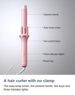 A hair curler with no clamp. The auto-wrap crown, the ceramic barrel, two keys and three indicator lights.