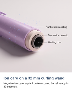 Ion care on a 32 mm curling wand. Negative ion care, a plant protein coated barrel, ready in 30 seconds.