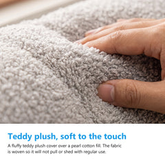 Close up of teddy plush fabric texture on a headboard bolster cushion