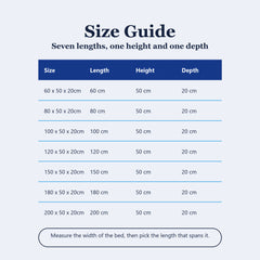 Size guide table for the headboard bolster cushion, seven lengths from 60cm to 200cm, all 50cm tall and 20cm deep