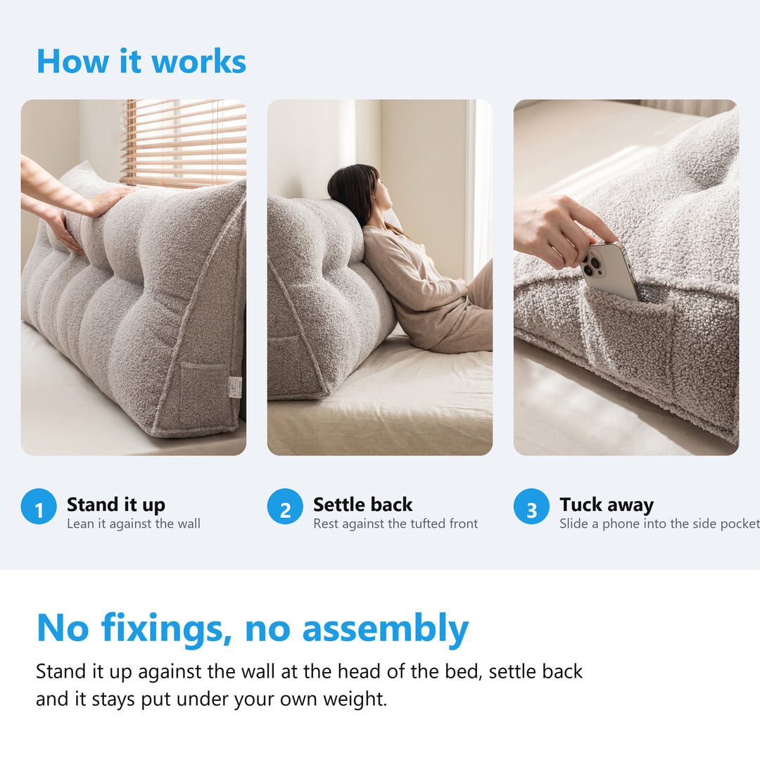 How to use a headboard bolster cushion, standing it up, settling back and using the side pocket