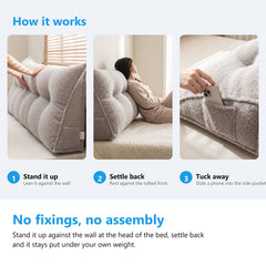 How to use a headboard bolster cushion, standing it up, settling back and using the side pocket